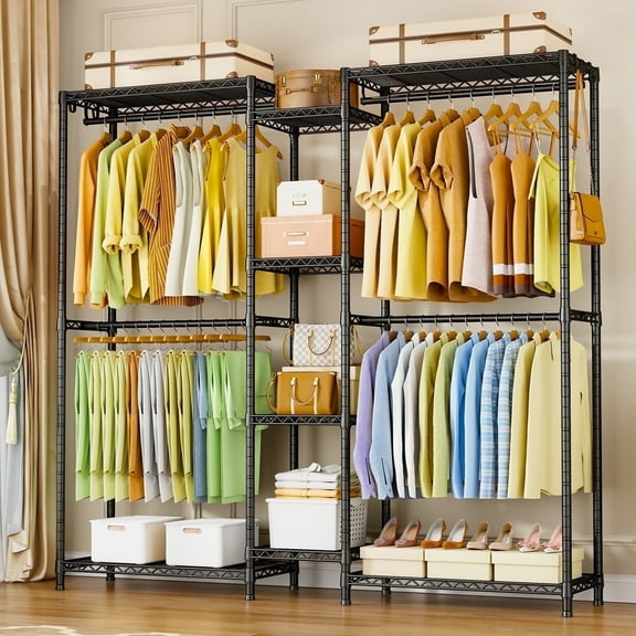 Ulif E4 Wire Garment Rack, Metal Freestanding Closet Organizer and Storage System, Heavy Duty Clothing Wardrobe with 8 Shelves and 4 Hanger Rods, Max Load 920 LBS, 71.6" W x 14.5" D x 79.3" H, Black