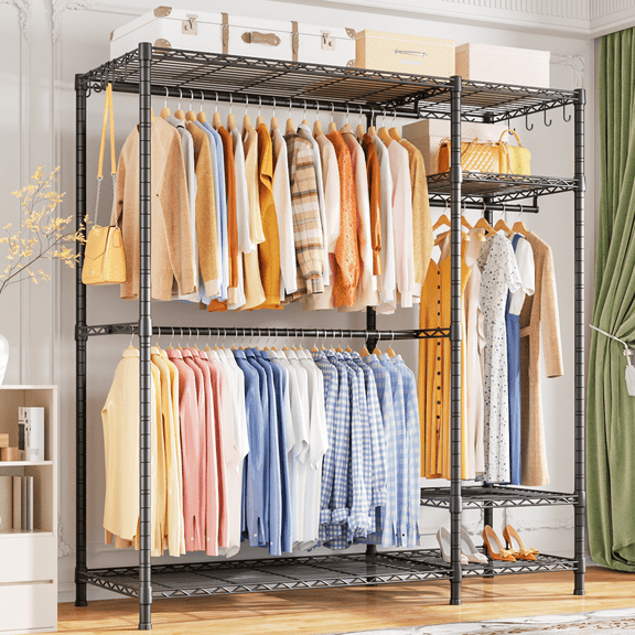 Ulif F7 Garment Rack, Heavy Duty Clothes Rack, Clothing Racks for Hanging Clothes, 6-Tiers Freestanding Portable Closet Storage Rack 58'' W × 14.6'' D × 76.6'' H, Max Load 800 Lbs,Black