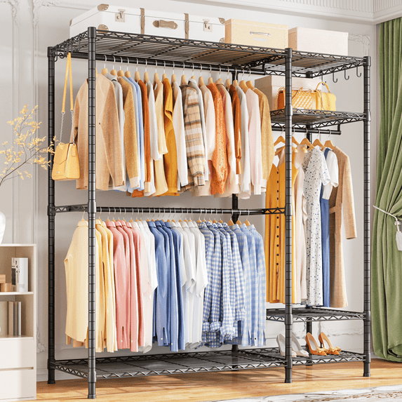 Ulif F7 Garment Rack, Heavy Duty Clothes Rack, Clothing Racks for Hanging Clothes, 6-Tiers Freestanding Portable Closet Storage Rack 58'' W × 14.6'' D × 76.6'' H, Max Load 800 Lbs,Black