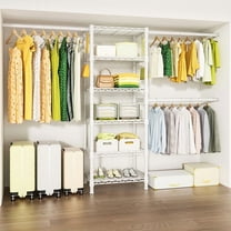 Ulif M5 Wall Mounted Clothes Garment Rack, Heavy Duty Closet Storage and Organizer System with 6 Shelves and 3 Expandable Hanger Rods, Space Saver Suit (46.2-102.4)"W x 14"D x 83.1"H,Whtie