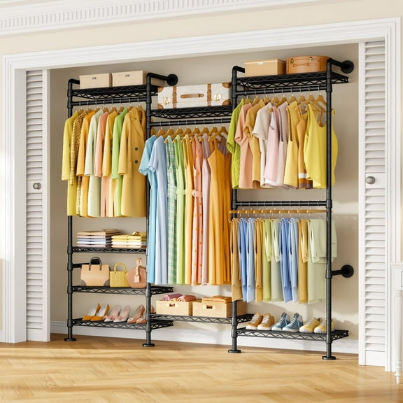 M6 Clothes Rack,Heavy Duty Freestanding Garment Rack Closet Organizer for Walk-In Closets – Wall-Mounted Multi-Level Storage for Clothes, 68.5" W x 11.8" D x 86.6" H, Black