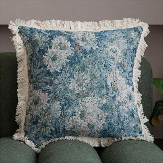 UlikTree Throw Pillow Covers - Jacquard Weave Pillow Cover for Sofa Pillow Decorative Square Pillowcase, Retro Print Accent Pillows Covers with Zipper 18x18 Inches Blue Oil Painting