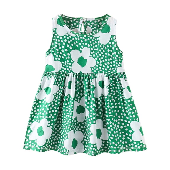 Ulitacool 1-2 Years Toddler Dress For Girls Summer Sleeveless Round Neck Floral Prints Sundress Green