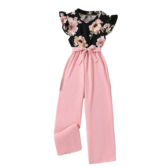 Ulitacool 10-11 Years Girls' Jumpsuits & Rompers Floral Print Small Flying Sleeve Top Solid Color Waist Bow Wide Leg Trousers Jumpsuit Classic Photography Outfits Girls' Jumpsuits & Rompers Black