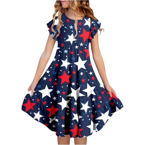 Ulitacool 10-11 Years Summer Dress For Girls 4Th Of July Crewneck Shot Sleeve Cartoon Flag Prints Independence Flutter Sleeve Patriotic A Line Tiered Dress With Pockets Fashion Girl Clothes Navy