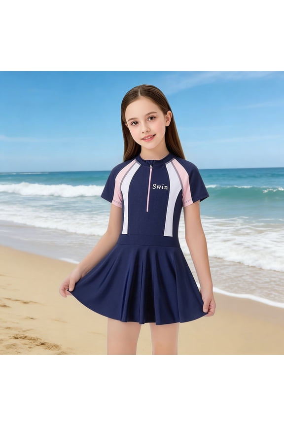 11-12 Years Girl'S Swimsuit Short Sleeve One Piece Swimwear Color Block Zipper Front Flared Skirt Upf50+ Beach Bathing Suit For Pool Durable Playsuit Dark Blue