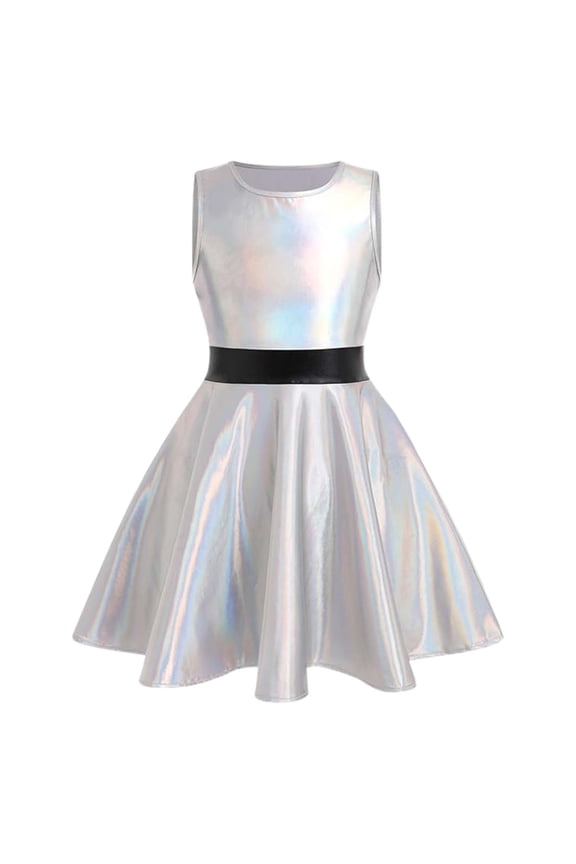 120 Girls Summer Dress Sleeveless Dress For Toddler Dance Performance Shiny Metallic Flare Party Dress Adorable Girl Clothes Silver