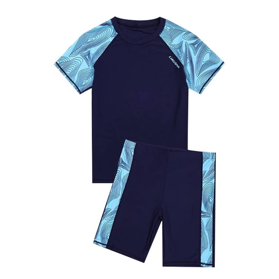 Ulitacool 14-16 Years Teen Swimsuit For Boys 2 Piece Bathing Suits Short Sleeve Round Neck Swim Shirts Trunks Elegant Rash Guard Navy