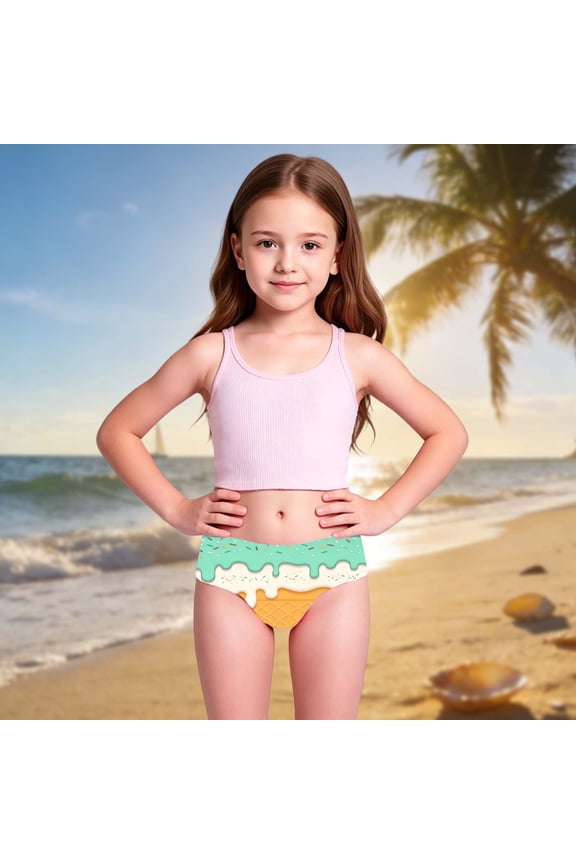 2-3 Years Toddler Girl Swimsuit Two Piece Swimwear Sleeveless Ice Print Elastic Waist Beach Outfit Durable Beach Wear Mint Green