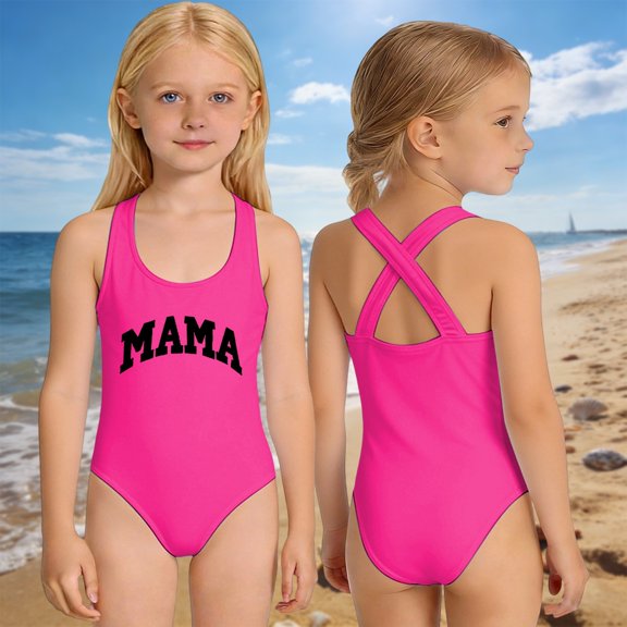 Ulitacool 3-4 Years Toddler Swimsuit For Girl Sleeveless Crisscross Back Swimwear Solid Color Letter Print Stretch Lightweight Sun Safe Pool Outfit Classic Beach Wear Hot Pink