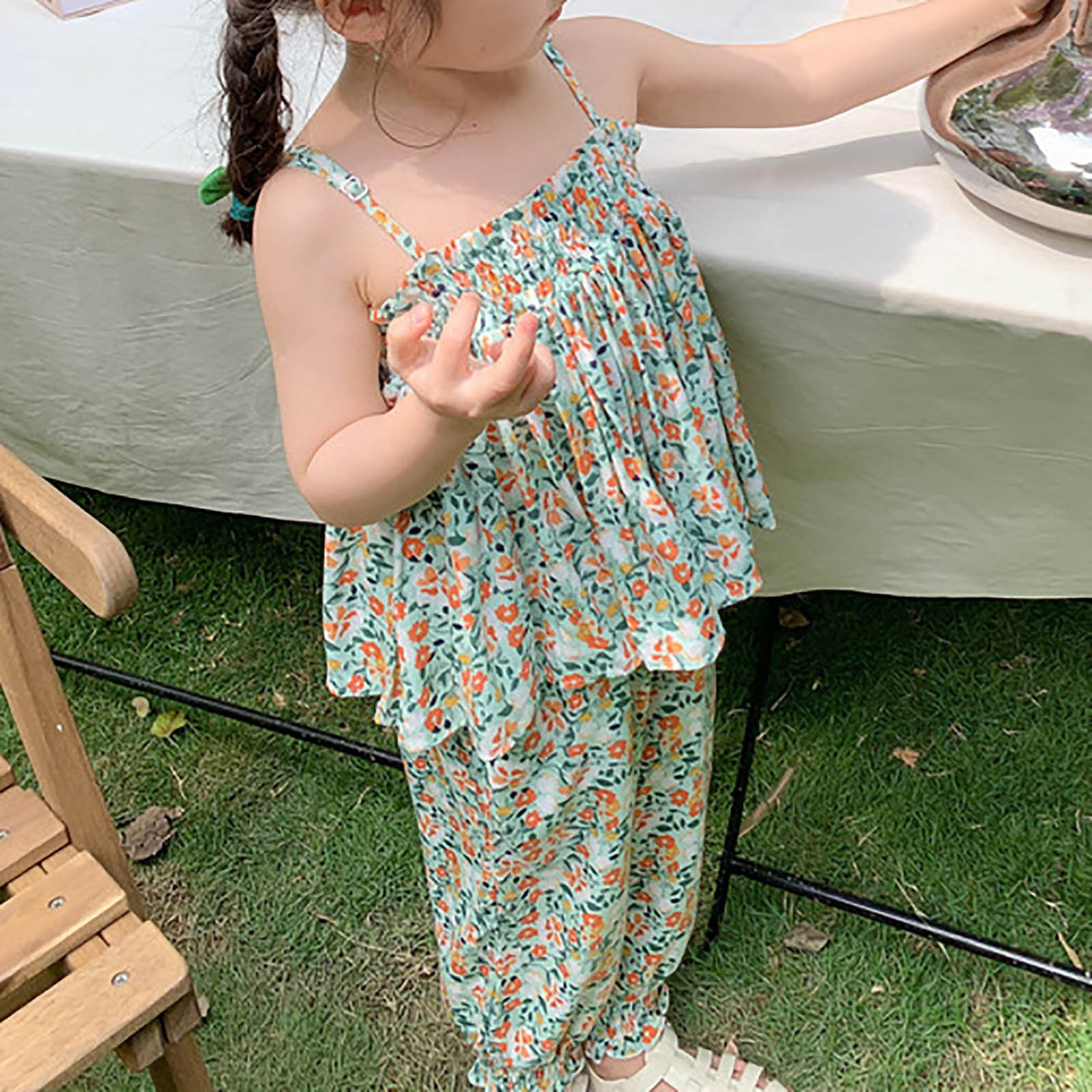Ulitacool 4-5 Years Girls Outfits Kids Floral Cool Top And Pants Romper Outfit Playsuit Clothes Trend Girl Clothing Green