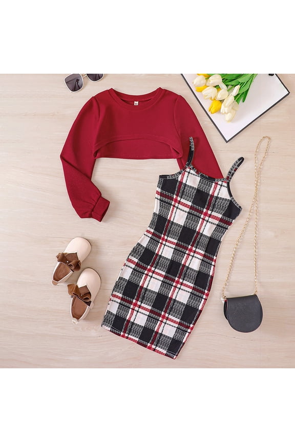 4-5 Years Outfits For Toddler Girl 2 Piece Outfits Short Bodycon Dress And Crewneck Long Sleeve Crop Sweatshirts Skirt Set Sweet Playsuit Red