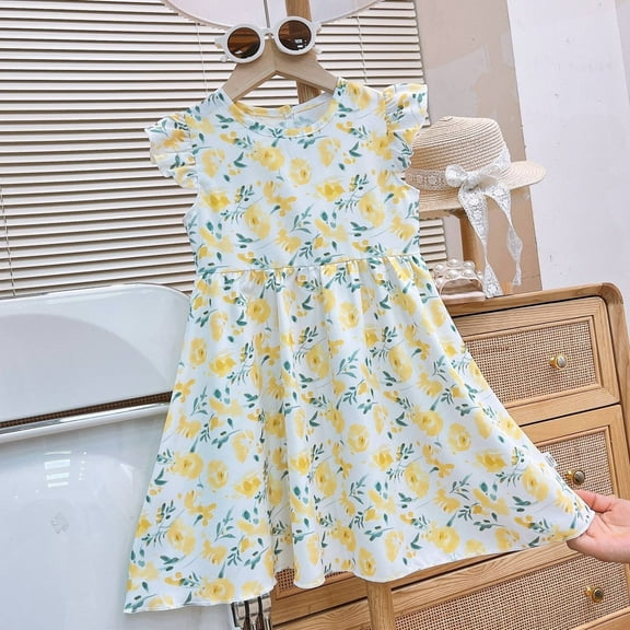 Ulitacool 5-6 Years Flower Girl Dress Children'S Floral Knee Length Flying Sleeve Dress Dress Suitable For 3 10 Years Old Fashion Girl Clothes Green