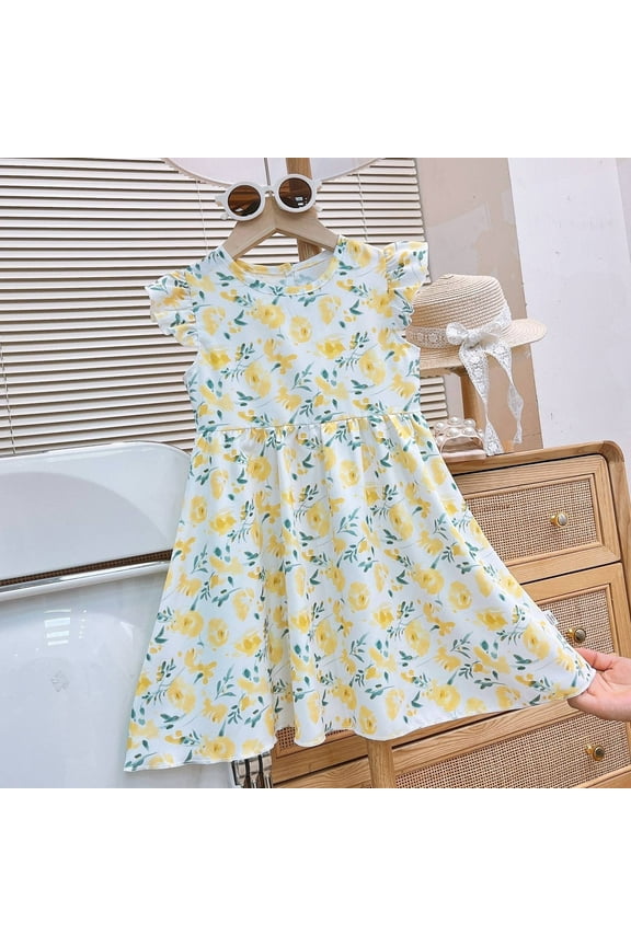 5-6 Years Flower Girl Dress Children'S Floral Knee Length Flying Sleeve Dress Dress Suitable For 3 10 Years Old Fashion Girl Clothes Green