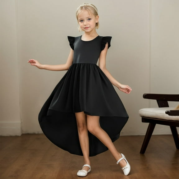 Ulitacool 5-6 Years Flower Girl Dresses Summer Flapper Sleeve High And Low Formal Dress Fly Skirt Swing Dress Fashion Girl Clothes Black