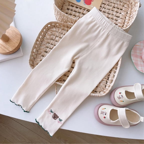 Ulitacool 5-6 Years Girls Pants Empire Waist Leggings Cherry Print Straight Leg Soft Everyday Bottoms For Baby And Comfortable Knit For Kids Beige
