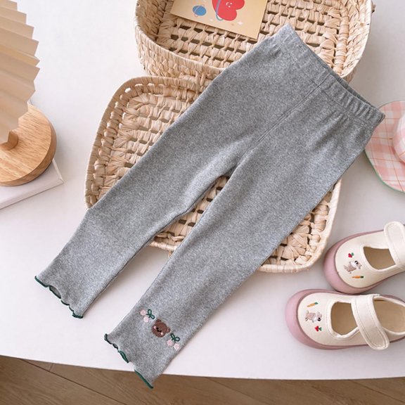 Ulitacool 5-6 Years Girls Pants Empire Waist Leggings Cherry Print Straight Leg Soft Everyday Bottoms For Baby And Comfortable Knit For Kids Grey