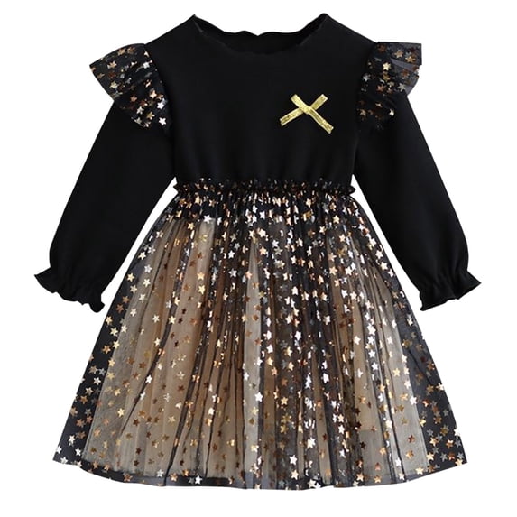 Ulitacool 5-6 Years Little Girl Dress Autumn And Winter Crewneck Cartoon Prints Long Sleeve Tutu Dress Brown