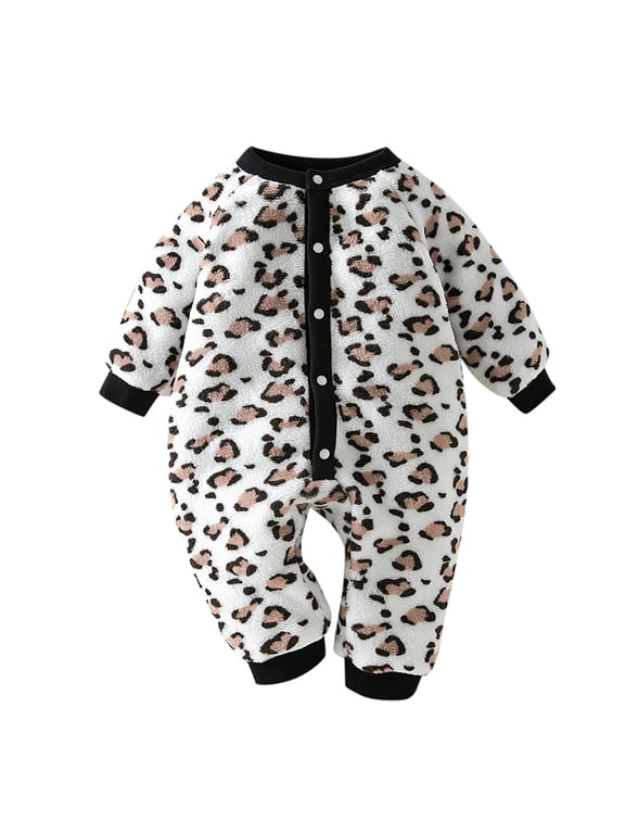 Baby Girls Onesies Cartoon Leopard Print Jumpsuit Romper Winter Warm Relax Fit Girl Clothes 6-9 Months White