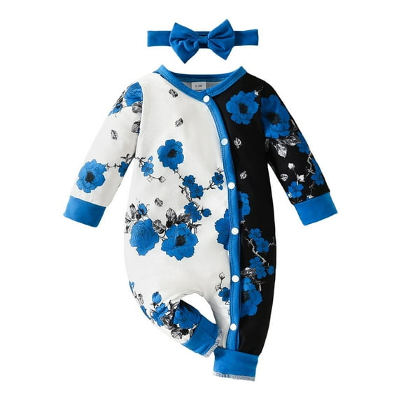 Ulitacool Baby Girls Onesies Long Sleeve Floral Prints Pullover Romper Jumpsuit Clothes Soft Clothes 9-12 Months Blue