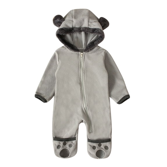 Ulitacool Baby Onesies For Boys Fall Winter Solid Color Long Sleeve Coat Jumpsuit Romper Footed Hooded Infant Ears Jumpsuit Fashion Boy Clothes 6-12 Months Grey