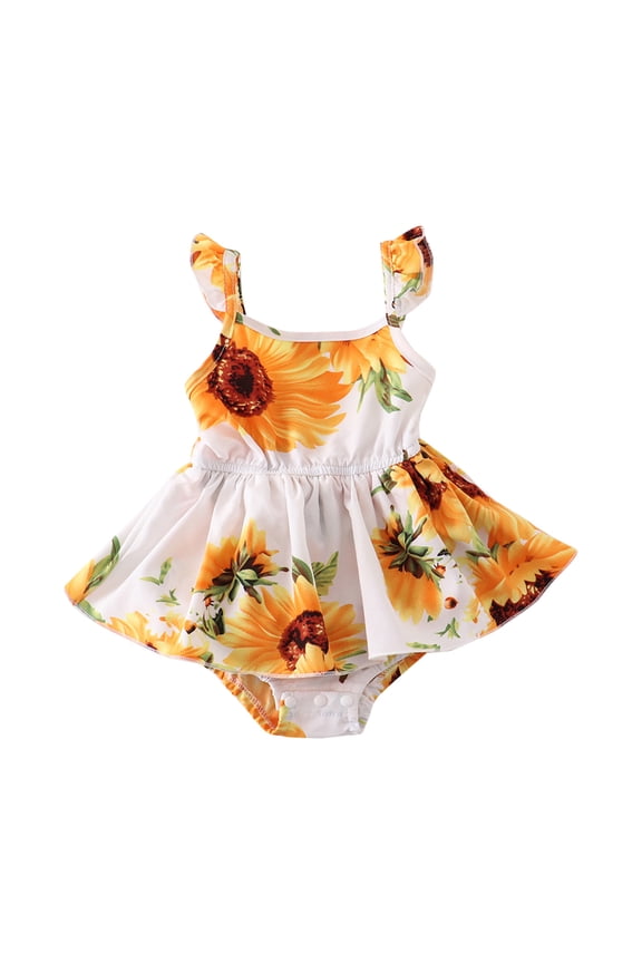 Bodysuit For Girls 9-12 Months Round Neck Baby Infant Sleeveless Sunflower Floral Romper Baby Jumpsuit Versatile Onesie White