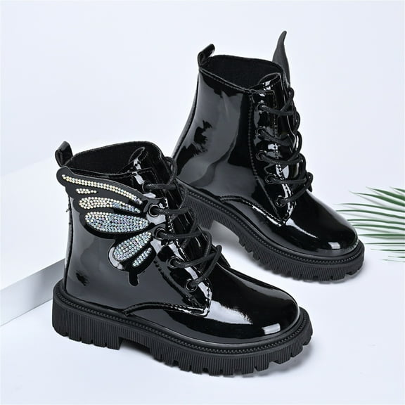 Ulitacool Boots For Girls Ankle Boots With Bow And Rhinestone Leather Lace Up Side Zipper For Autumn Winter Boots Lovely Soft Feetwear 32 Black