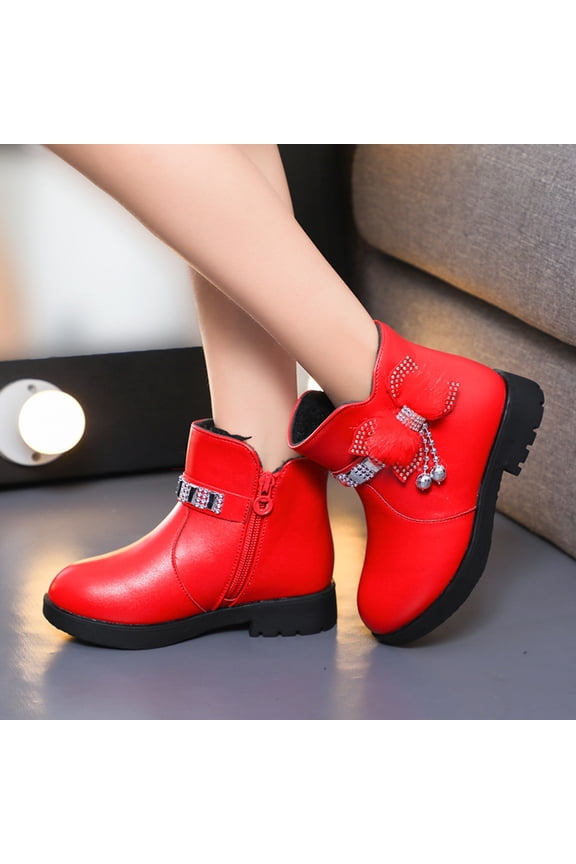 Boots For Girls Children Shoes Thick Heel Short Boots Warm Leather Boots Baby Bow Shoes Warm Boots Lovely Basic Shoes 3-3.5 Years Red