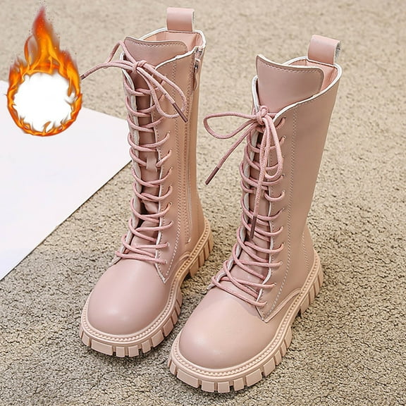 Ulitacool Boots For Girls Flat Boots Soft Sole Leather Long Shaft Ankle Boots Everyday Wear Non Durable Casual Basic Shoes 9-10 Years Light Pink