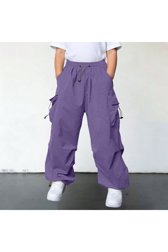 Boy'S Pants 5-6 Years Straight Leg Kids Cargo Pants With Multiple Pockets Comfortable Trousers Solid Color Baggy Slacks Purple