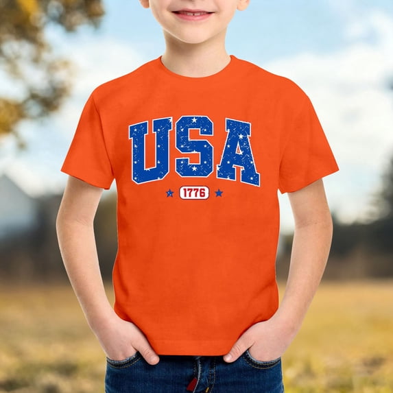 Ulitacool Boy Tops Fourth Of July Patriotic Graphic Short Sleeve T Shirt Crewneck Tee For Kids Independence Day Celebration Durable Clothes 12-13 Years Orange