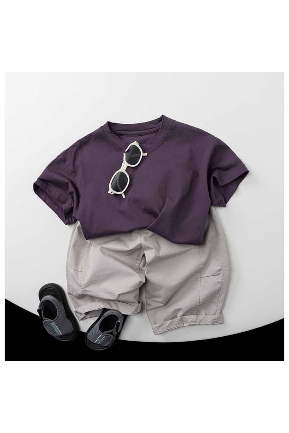 Boy Tops Short Sleeve T Shirt Solid Color CrewNeck Loose Fit Tee Fashion Kid Clothing 5-6 Years Purple
