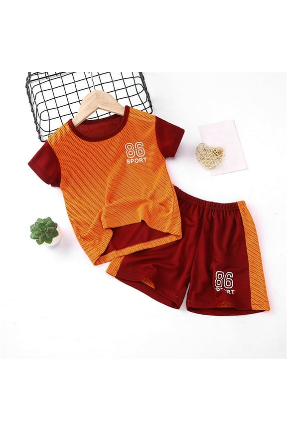 Boys Clothes Children'S Short Sleeve Suit Summer Round Neck Quick Drying Sports Suit Basketball T Shirt + Shorts Football Suit 2 Sets Trend Outfits 2-3 Years Red