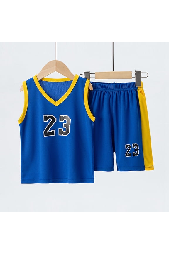 Boys Clothing Kids Summer Basketball Suit Quick Drying Sports Vest Sleeveless Two Piece Soccer Suit On V Neck Casual Round Neck Outfits 11-12 Years Blue