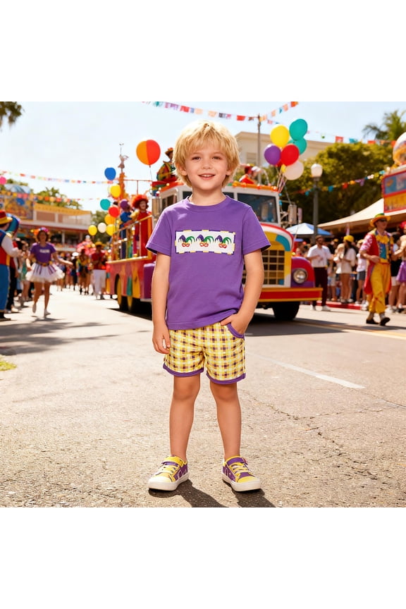 Boys Clothing Short Sleeve Carnival Themed Kids Outfit For Round Neck With Cartoon Embroidery Designs Playful Daily Wear Two Piece Combo Sweet Round Neck Outfits 18-24 Months Purple