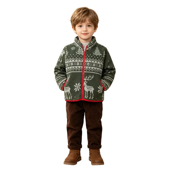 Ulitacool Boys Coats Christmas Zipper Jacket High Neck Long‑Sleeve Festive Snowflake Print Outerwear Toddler Fashion Tops Green