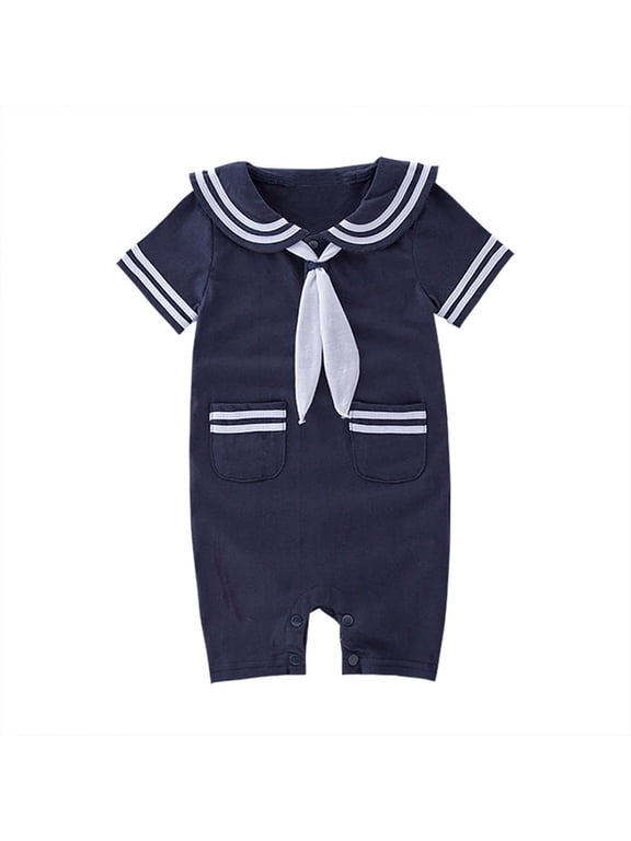 Boys Onesies Crewneck Short Sleeve Baby Toddler Sailor Stripe Romper Marine Navy Romper Outfit Soft Wear Navy 3-6 Months