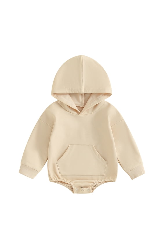 Boys Onesies O Neck Baby Boys Girls Solid Color Hooded Pocket Long Sleeve Bodysuit Romper Jumpsuit Outfit Soft Playsuit Beige 6-12 Months