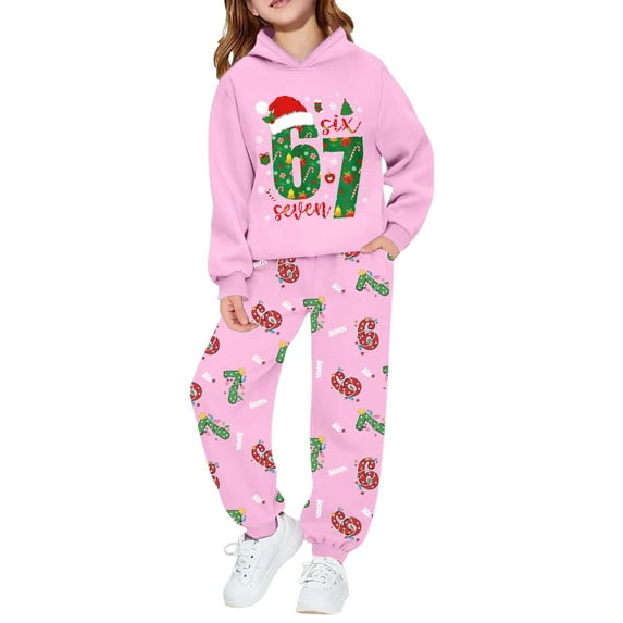 Ulitacool Boys Outfits Long Sleeve Tracksuit Graphic Print Hooded And Pants Play Two Piece Outfit For Kids Youth Casual Wear Light Pink 5-6 Years