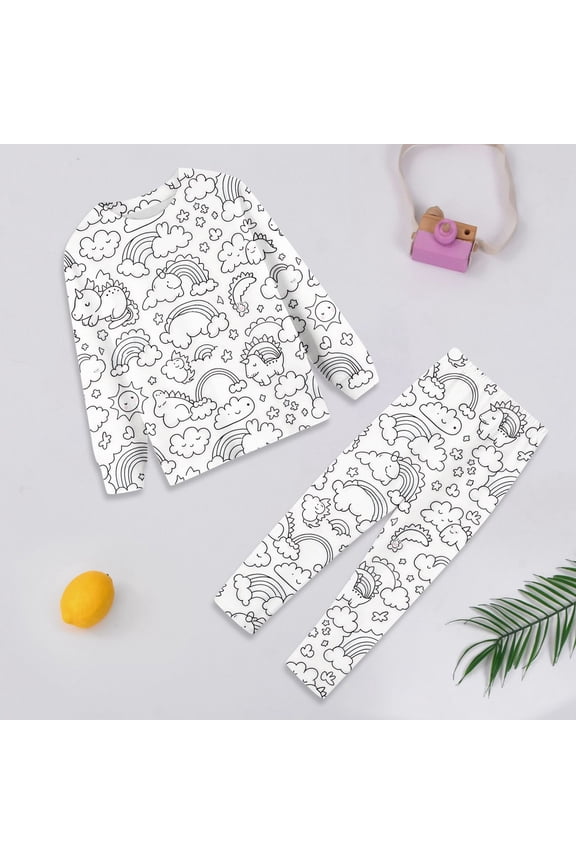 Boys Outfits Round Neck Nightwear Cartoon Graphic Long Sleeve Tops Pants Kid Diy Hand Painted Colouring Sleepwear Sets Fashion Clothes 4-5 Years White