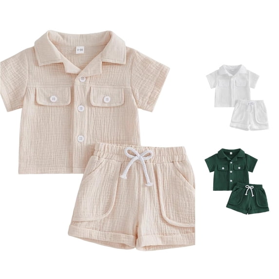 Ulitacool Boys Outfits Summer Short Sleeve Lapel Graphic Prints Tops Trousers Trend Toddler Wear 18-24 Months Beige