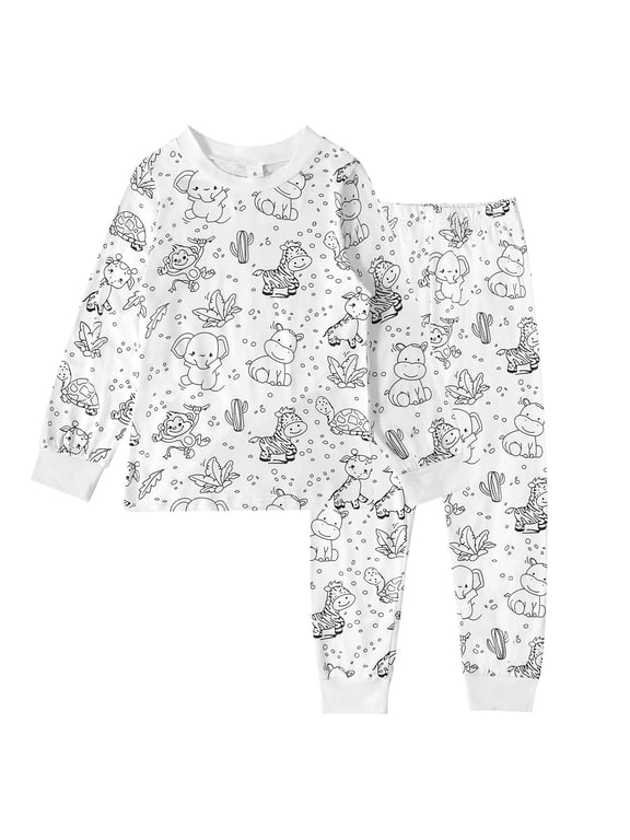 Boys Pajamas O Neck Coloring T Shirts Pants Cartoon Pattern Short Sleeve Sleepwear Little Boys Elegant Homewear White