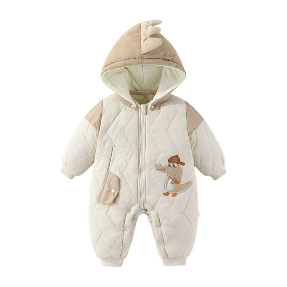 Ulitacool Boys Romper Boys Girls Long Sleeve Onesies Cartoon Prints Hooded Jumpsuit Comfortable Playsuit Beige 18-24 Months