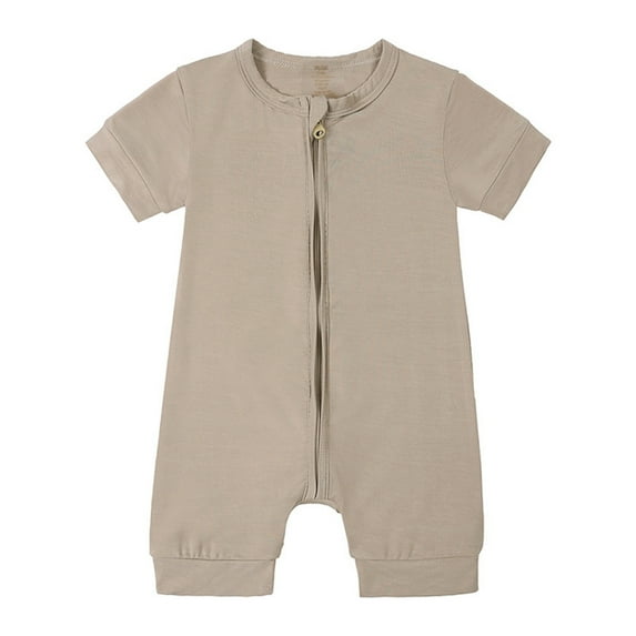Ulitacool Boys Summer Onesie Round Neck Baby Girls Boys Rompers Pajamas Zipper Short Sleeve Sleeper Jumpsuit Simple Style Playsuit Khaki 18-24 Months