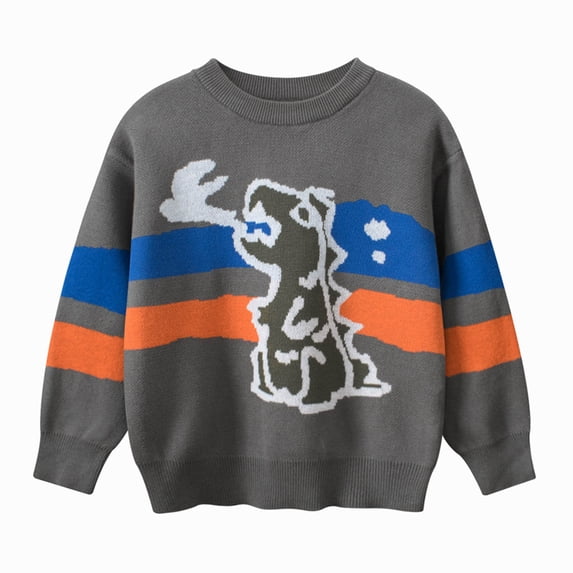 Ulitacool Boys Sweater Solid Color Dinosaur Print Crewneck Boys Girls Cartoon Knitted Pullover Knitwear Tops Long Sleeve Blouse Adorable Warm Clothes Grey 2-3 Years