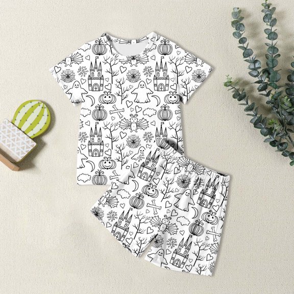 Ulitacool Casual Pajamas For Girl 3-4 Years Crewneck Homewear Short Sleeve T Shirt Pants Cartoon Graphic Sleepwear Leisure Toddler Clothes White