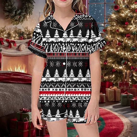 Ulitacool Christmas Girl Pajamas 8-9 Years Crewneck Sleepwear Cartoon Pattern T Shirt Bottoms Short Sleeve Nightwear Casual Child Clothes Black