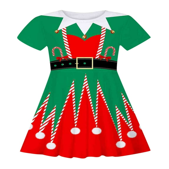 Ulitacool Christmas Outfits For Girls Short Sleeve Xmas Cartoon Deer Prints Striped Dress Crewneck Flower Dress Fall Winter Soft Wear Red 6-7 Years