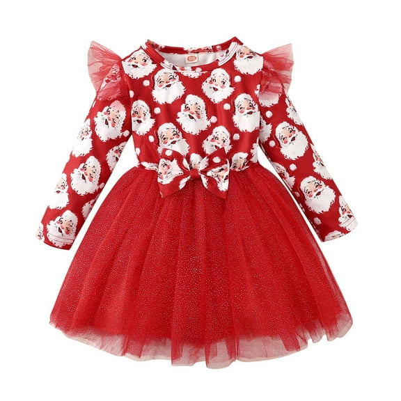 Ulitacool Christmas Outfits For Girls Xmas Long Sleeve Bow Tie Prints Dresses Dress Crewneck Flower Dress Fall Winter Retro Wear Red 9-12 Months