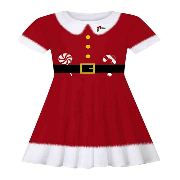 Ulitacool Christmas Outfits For Girls Short Sleeve Xmas Cartoon Deer Prints Striped Dress Crewneck Flower Dress Fall Winter Basic Wear White 2-3 Years